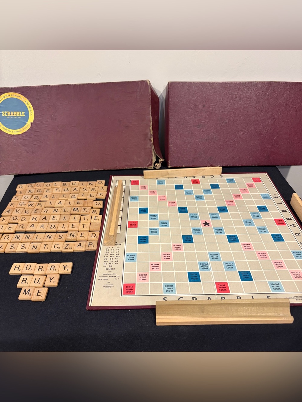 Vintage 1948 Scrabble Crossword Game Selchow & Righter Co Maroon Box Wood Tiles